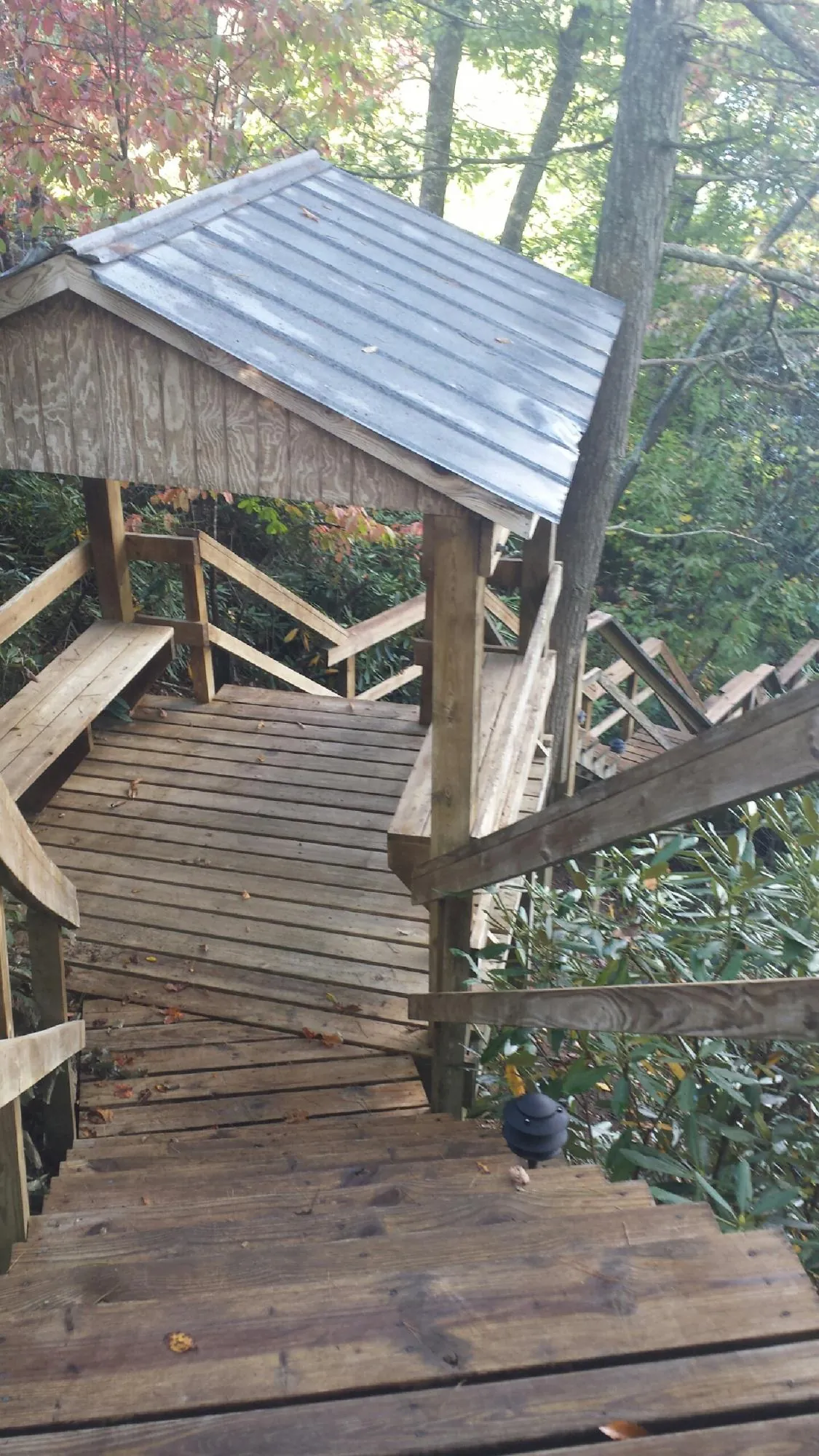 Metal roofed shelter over wooden steps on a wooded walkway — Skylight Repair & Installation work by our crew in Mars Hill